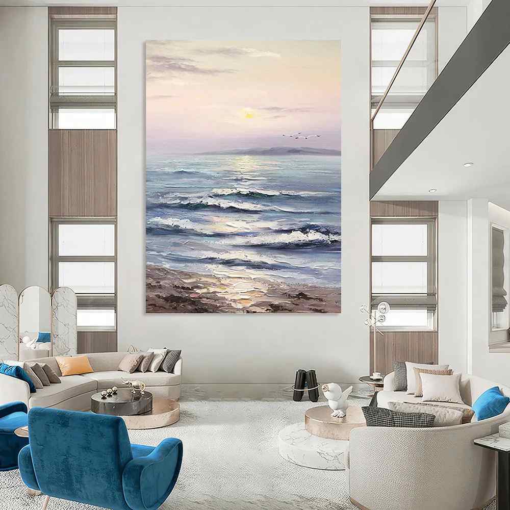 Sunset Hand-painted Impressionistic Seaside Pastel Canvas Wall Art 9UC74